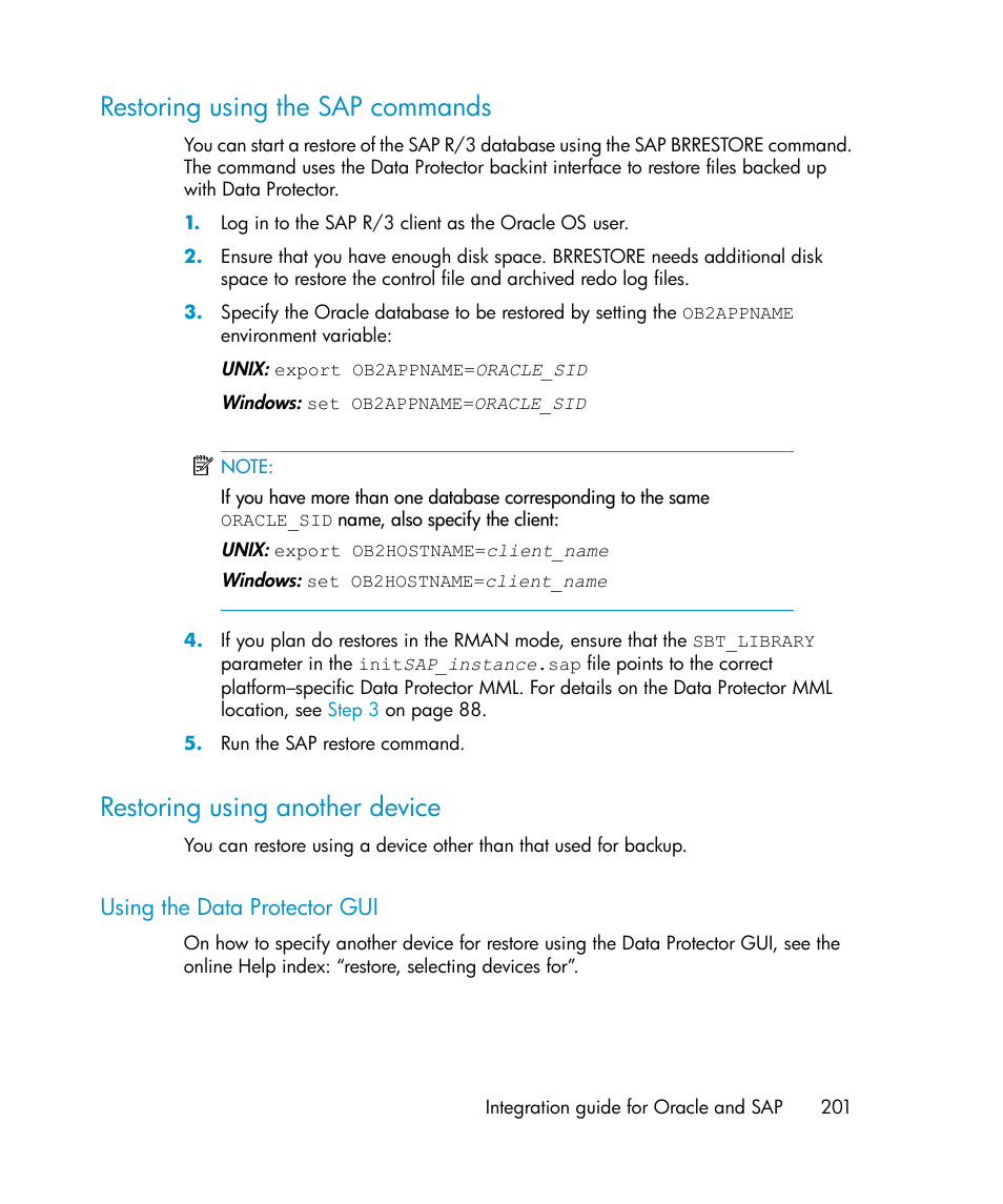 Restoring using the sap commands, Restoring using another device, Using the data protector gui | 201 restoring using another device, Restoring using the sap, Commands | HP A.06.11 User Manual | Page 201 / 344