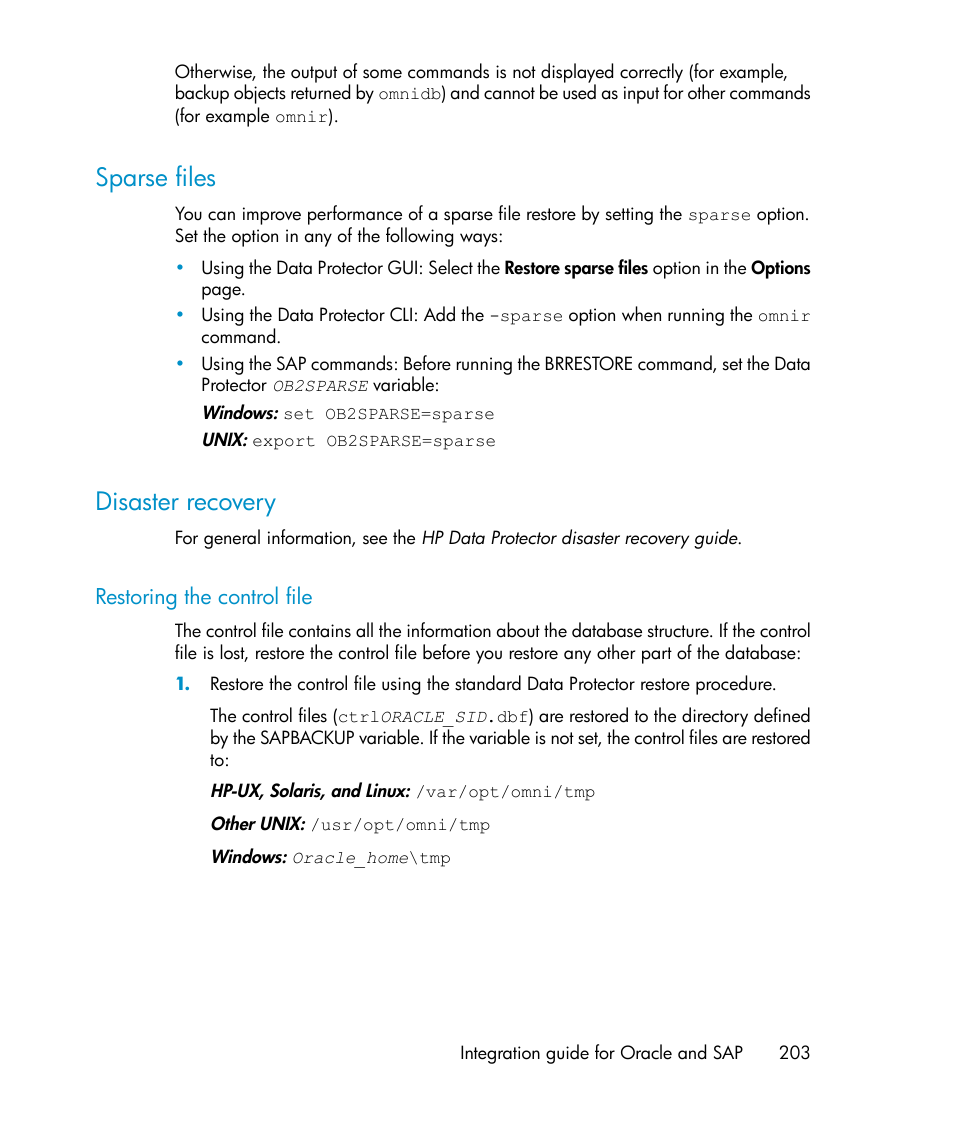 Sparse files, Disaster recovery, Restoring the control file | 203 disaster recovery | HP A.06.11 User Manual | Page 203 / 344
