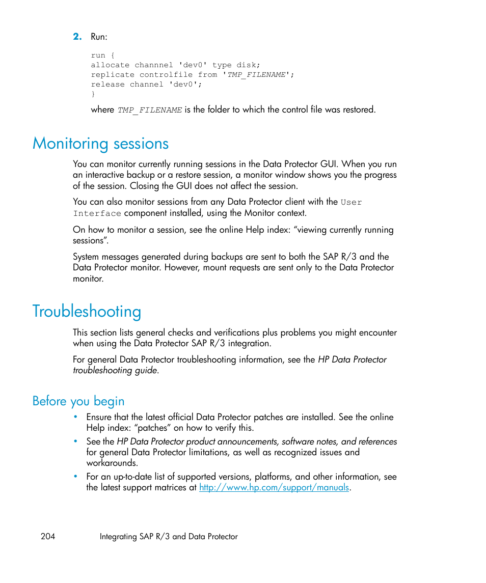 Monitoring sessions, Troubleshooting, Before you begin | 204 troubleshooting | HP A.06.11 User Manual | Page 204 / 344