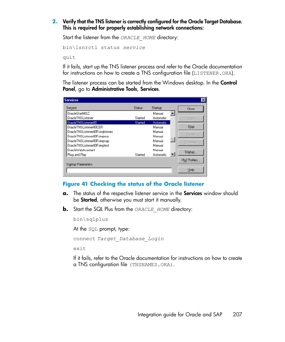 Checking the status of the oracle listener | HP A.06.11 User Manual | Page 207 / 344