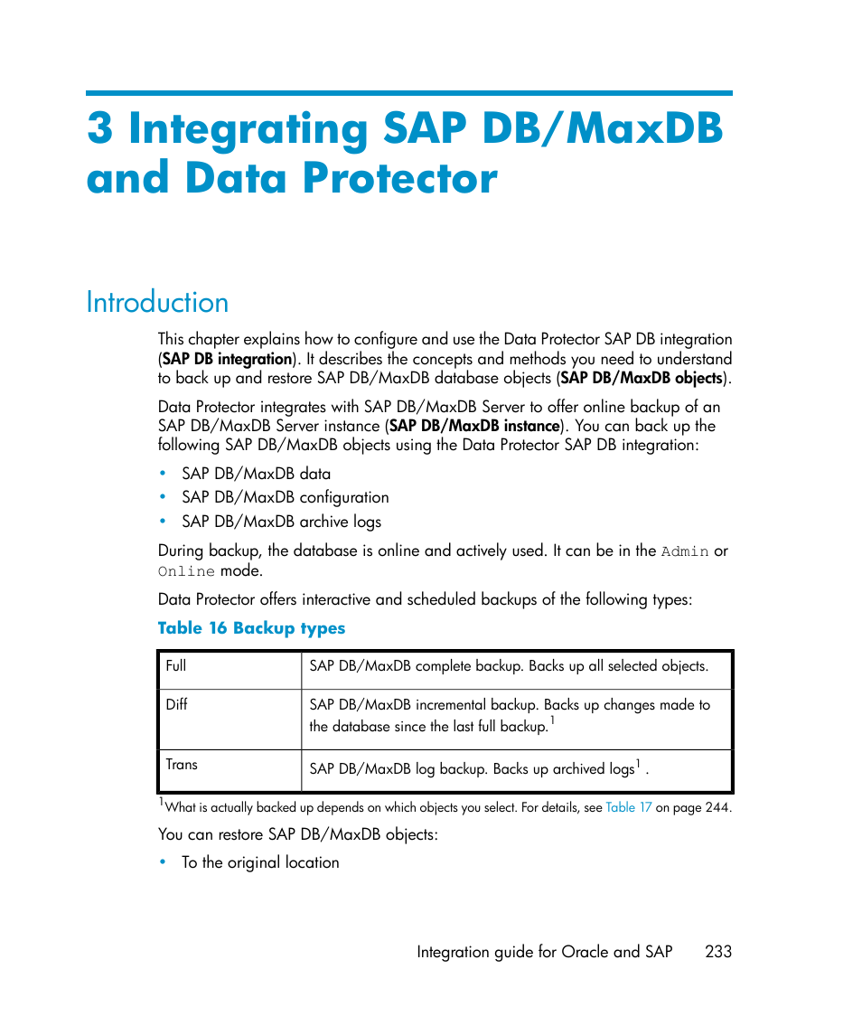 3 integrating sap db/maxdb and data protector, Introduction, Backup types | HP A.06.11 User Manual | Page 233 / 344