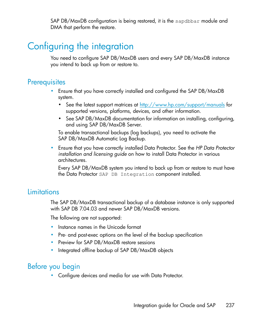 Configuring the integration, Prerequisites, Limitations | Before you begin, 237 limitations, 237 before you begin | HP A.06.11 User Manual | Page 237 / 344