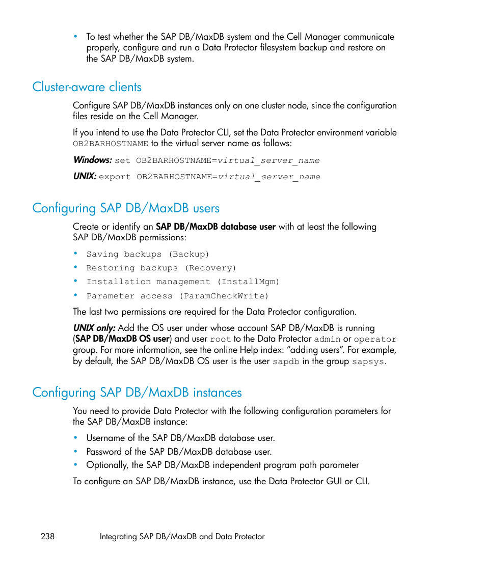 Cluster-aware clients, Configuring sap db/maxdb users, Configuring sap db/maxdb instances | 238 configuring sap db/maxdb users, 238 configuring sap db/maxdb instances | HP A.06.11 User Manual | Page 238 / 344