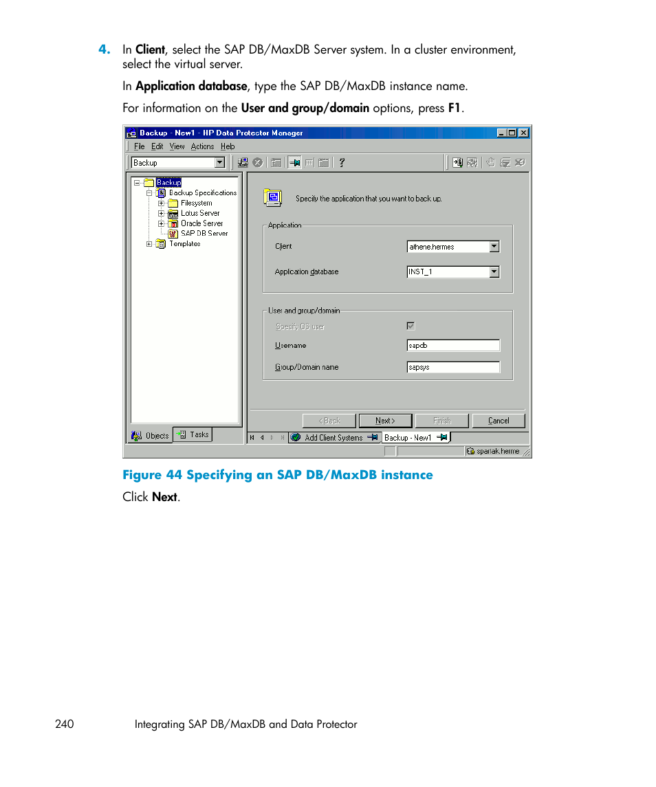 Specifying an sap db/maxdb instance | HP A.06.11 User Manual | Page 240 / 344
