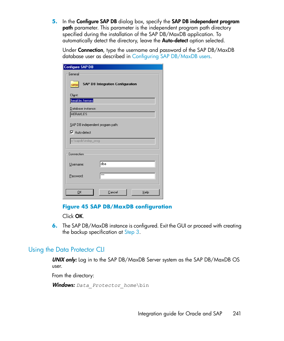 Using the data protector cli, Sap db/maxdb configuration | HP A.06.11 User Manual | Page 241 / 344