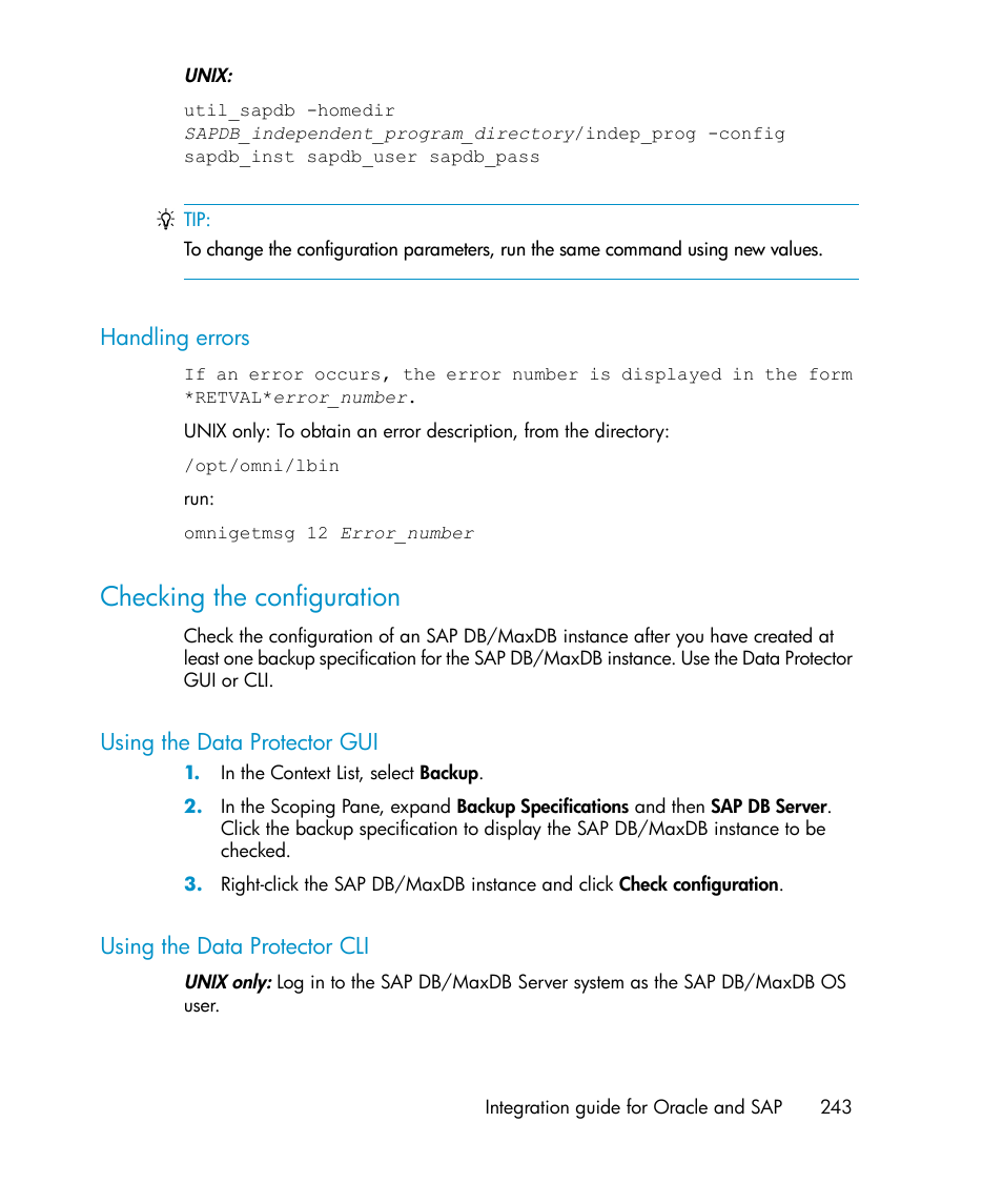 Handling errors, Checking the configuration, Using the data protector gui | Using the data protector cli, 243 using the data protector cli | HP A.06.11 User Manual | Page 243 / 344
