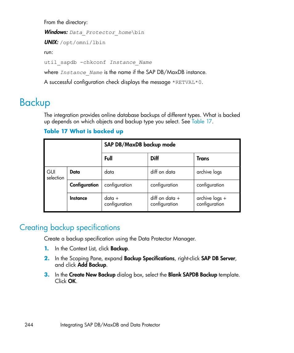Backup, Creating backup specifications, What is backed up | HP A.06.11 User Manual | Page 244 / 344