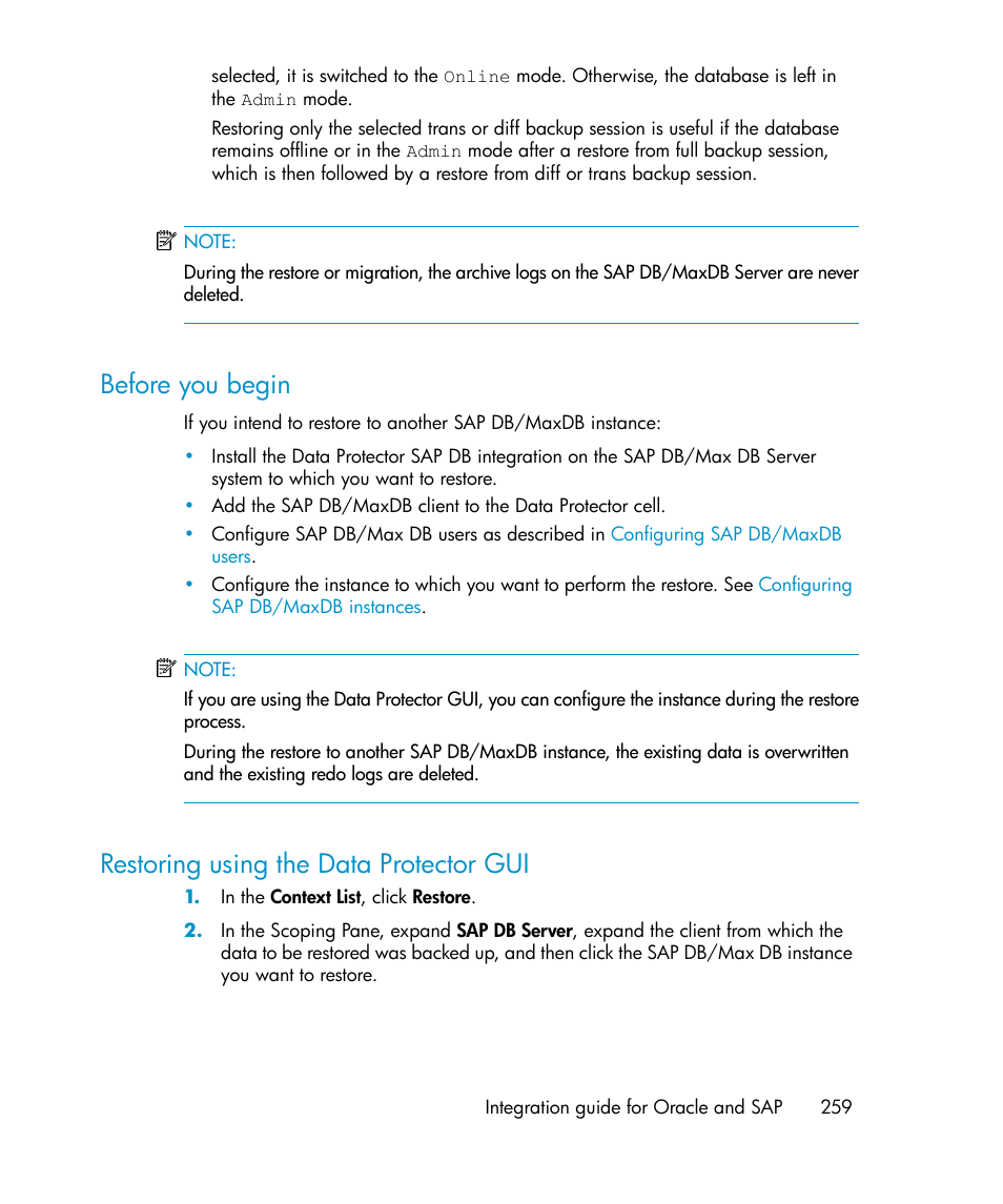 Before you begin, Restoring using the data protector gui, 259 restoring using the data protector gui | HP A.06.11 User Manual | Page 259 / 344