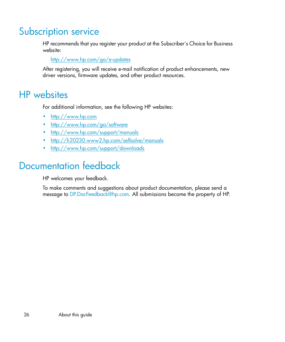 Subscription service, Hp websites, Documentation feedback | 26 hp websites, 26 documentation feedback | HP A.06.11 User Manual | Page 26 / 344