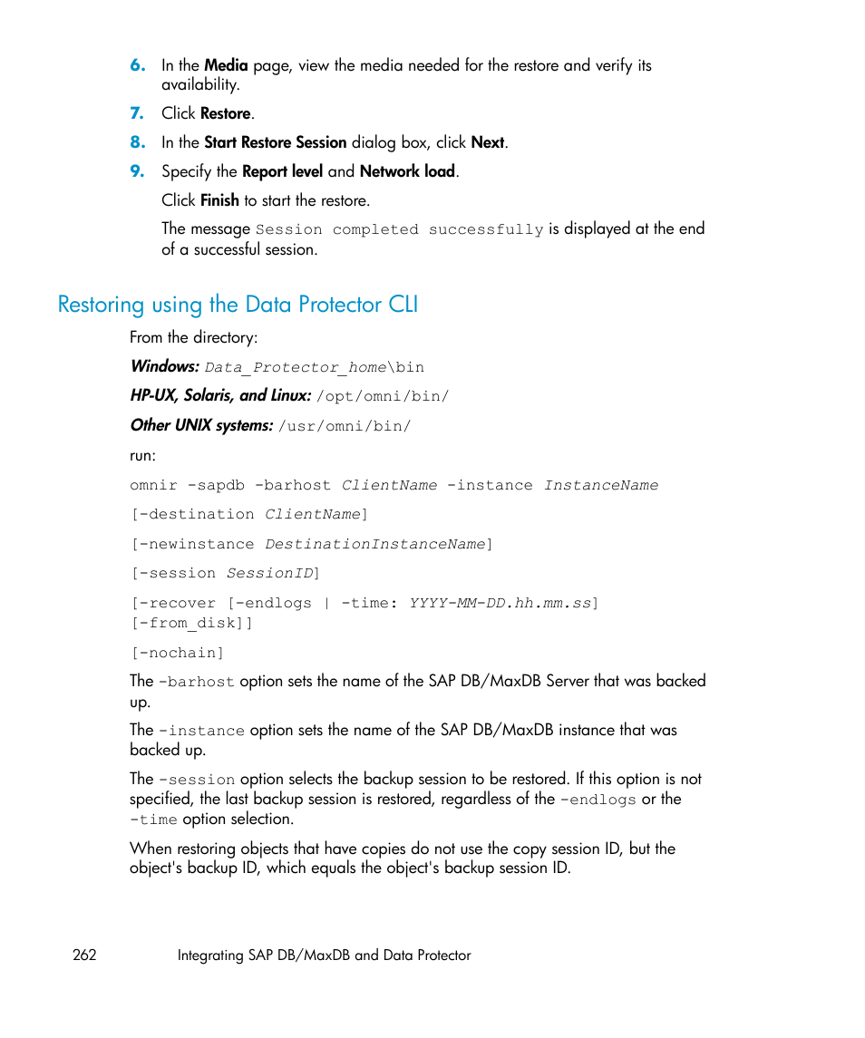 Restoring using the data protector cli | HP A.06.11 User Manual | Page 262 / 344