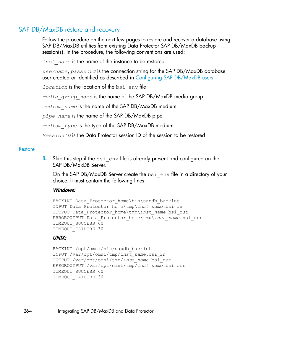 Sap db/maxdb restore and recovery | HP A.06.11 User Manual | Page 264 / 344