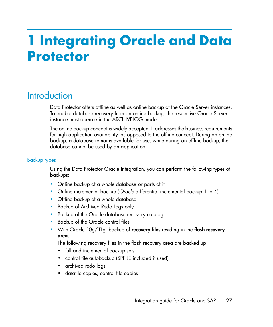 1 integrating oracle and data protector, Introduction | HP A.06.11 User Manual | Page 27 / 344