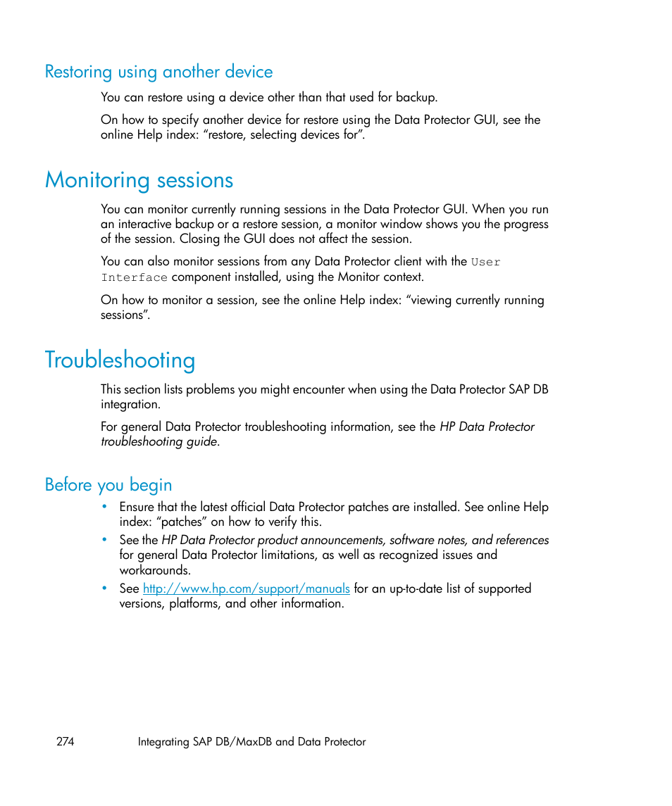 Restoring using another device, Monitoring sessions, Troubleshooting | Before you begin, 274 troubleshooting | HP A.06.11 User Manual | Page 274 / 344