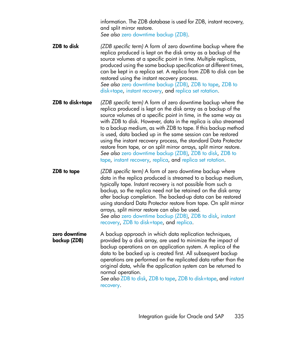 Zero downtime backup (zdb), Zdb to disk, Zdb to disk+tape | Zdb to tape | HP A.06.11 User Manual | Page 335 / 344