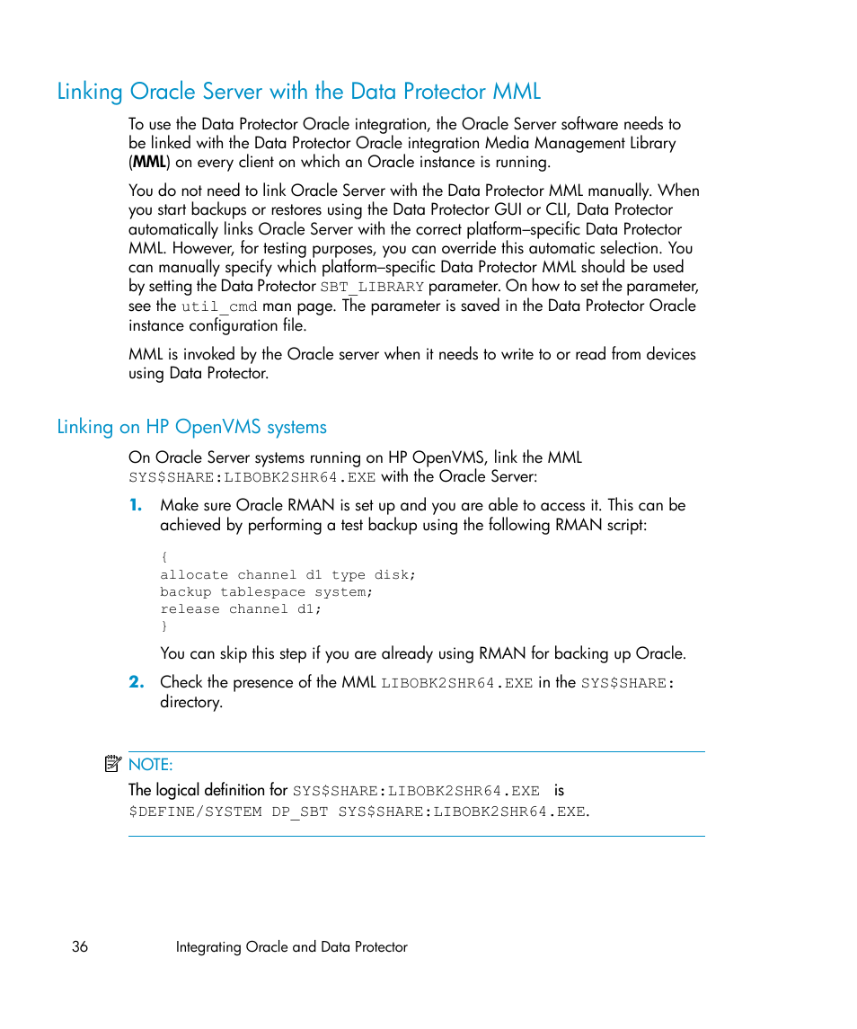 Linking oracle server with the data protector mml, Linking on hp openvms systems | HP A.06.11 User Manual | Page 36 / 344