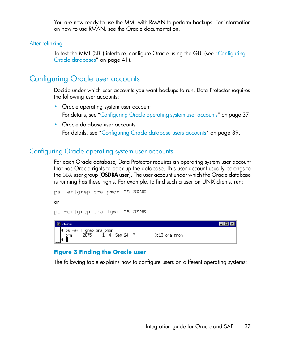 Configuring oracle user accounts, Configuring oracle operating system user accounts, Finding the oracle user | HP A.06.11 User Manual | Page 37 / 344