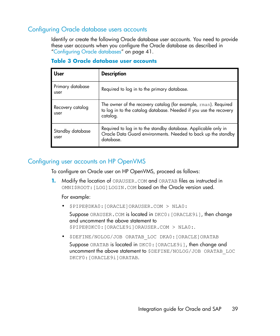 Configuring oracle database users accounts, Configuring user accounts on hp openvms, 39 configuring user accounts on hp openvms | Oracle database user accounts | HP A.06.11 User Manual | Page 39 / 344