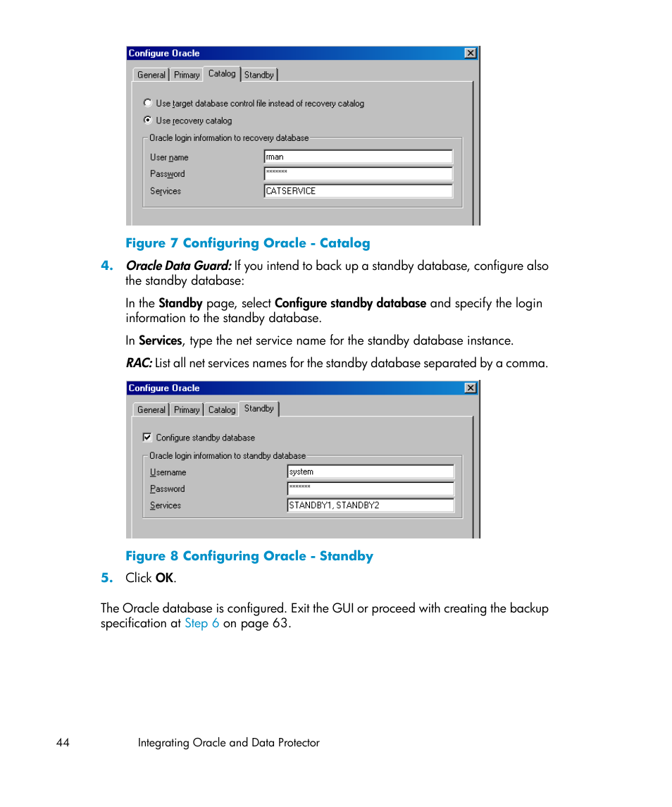 Configuring oracle - catalog, Configuring oracle - standby | HP A.06.11 User Manual | Page 44 / 344