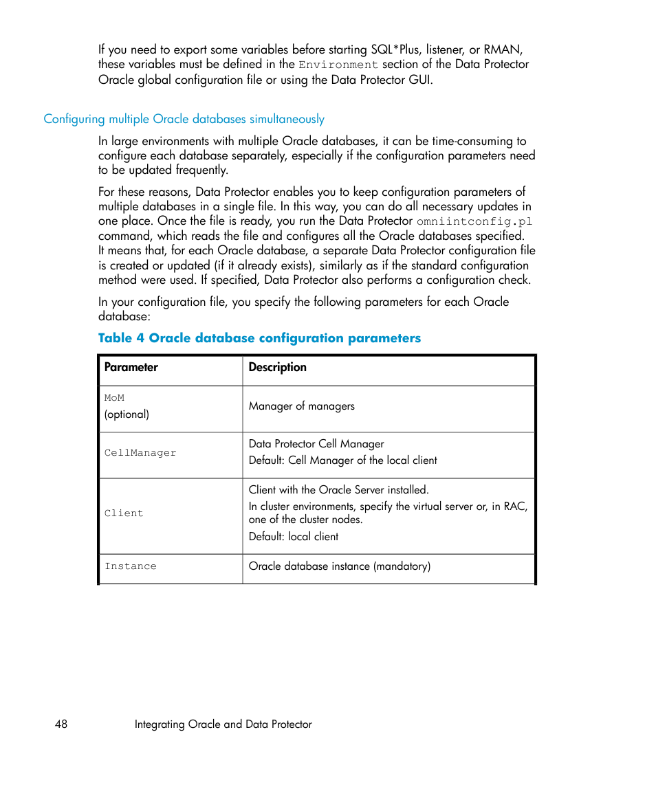 Oracle database configuration parameters, Configuring multiple oracle databases, Simultaneously | HP A.06.11 User Manual | Page 48 / 344