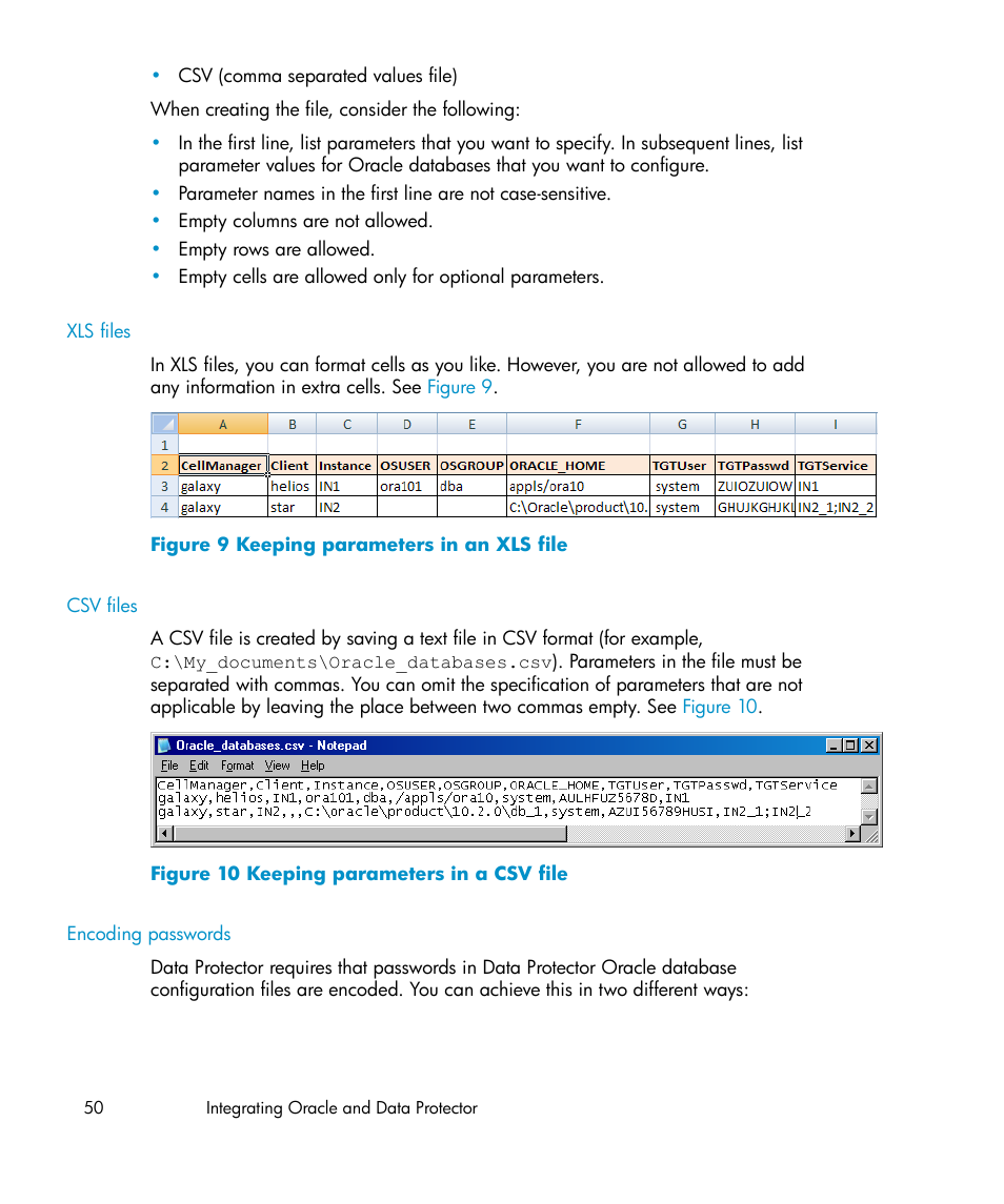 Xls files, Csv files, Encoding passwords | Keeping parameters in an xls file, Keeping parameters in a csv file | HP A.06.11 User Manual | Page 50 / 344