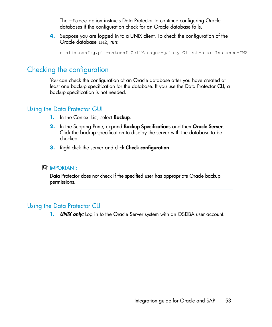 Checking the configuration, Using the data protector gui, Using the data protector cli | 53 using the data protector cli | HP A.06.11 User Manual | Page 53 / 344