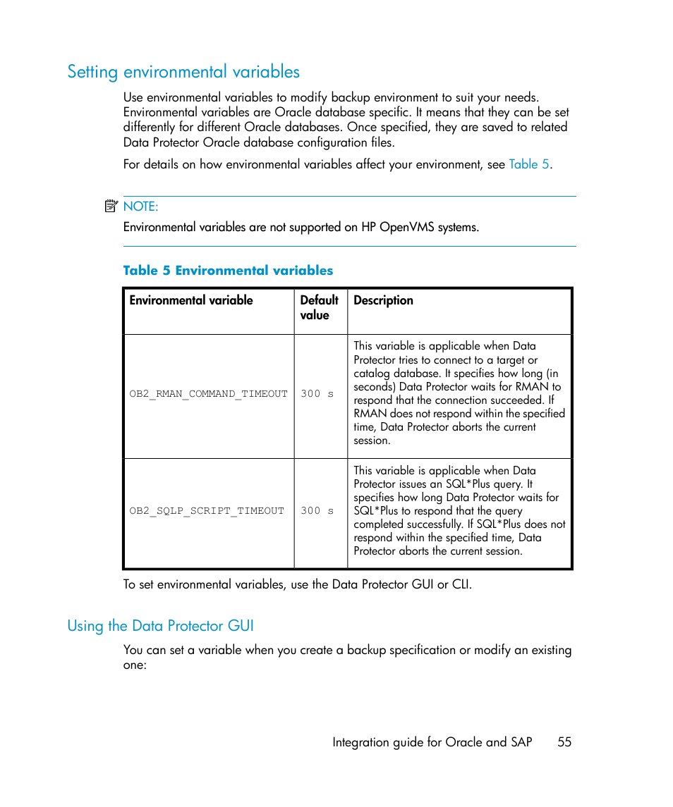 Setting environmental variables, Using the data protector gui, Environmental variables | HP A.06.11 User Manual | Page 55 / 344
