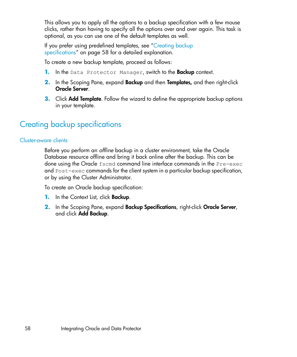 Creating backup specifications, Creating backup, Specifications | HP A.06.11 User Manual | Page 58 / 344