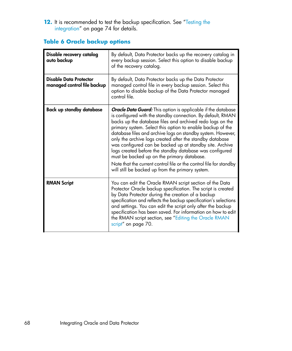 Oracle backup options, Table 6 | HP A.06.11 User Manual | Page 68 / 344