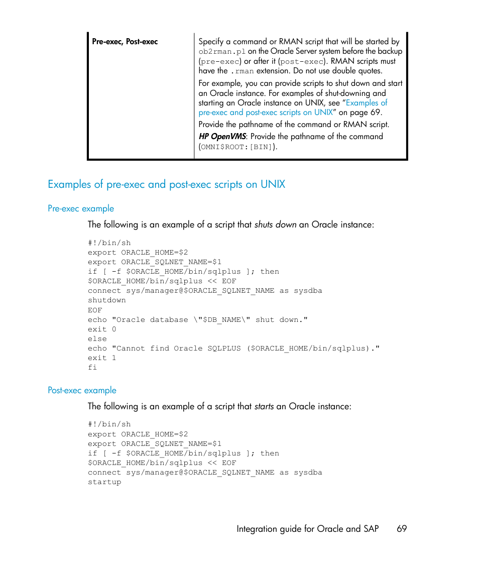 Examples of pre-exec and post-exec scripts on unix | HP A.06.11 User Manual | Page 69 / 344