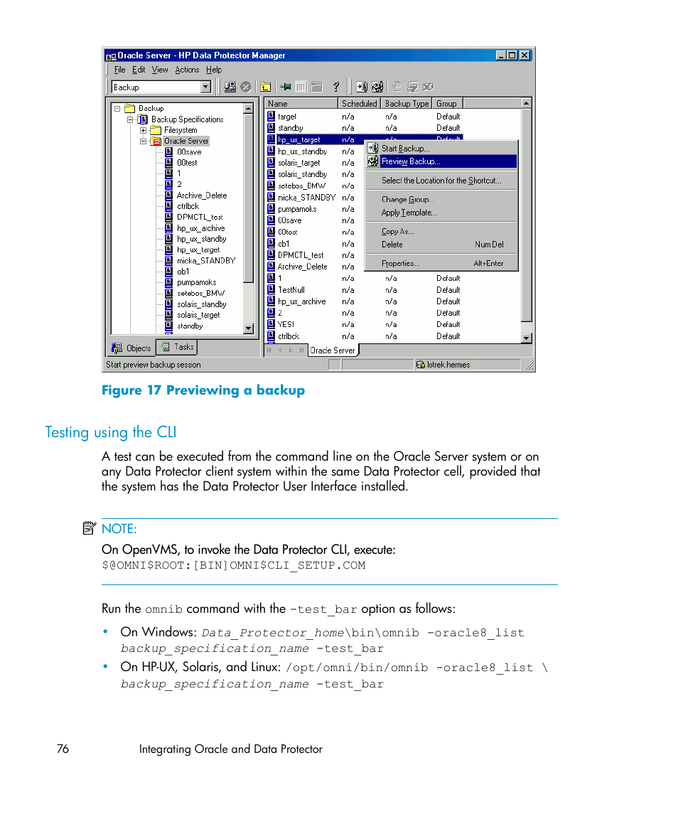 Testing using the cli, Previewing a backup | HP A.06.11 User Manual | Page 76 / 344