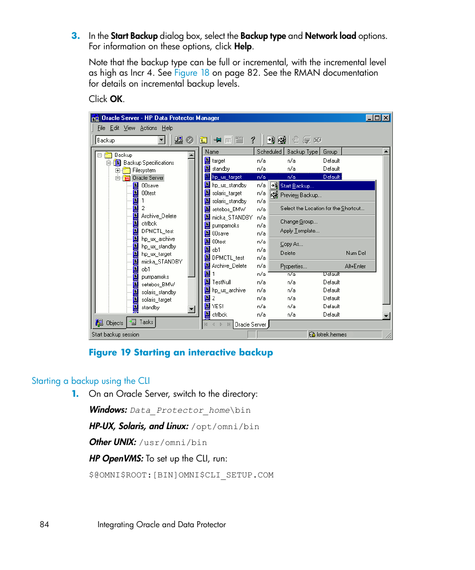 Starting a backup using the cli, Starting an interactive backup | HP A.06.11 User Manual | Page 84 / 344