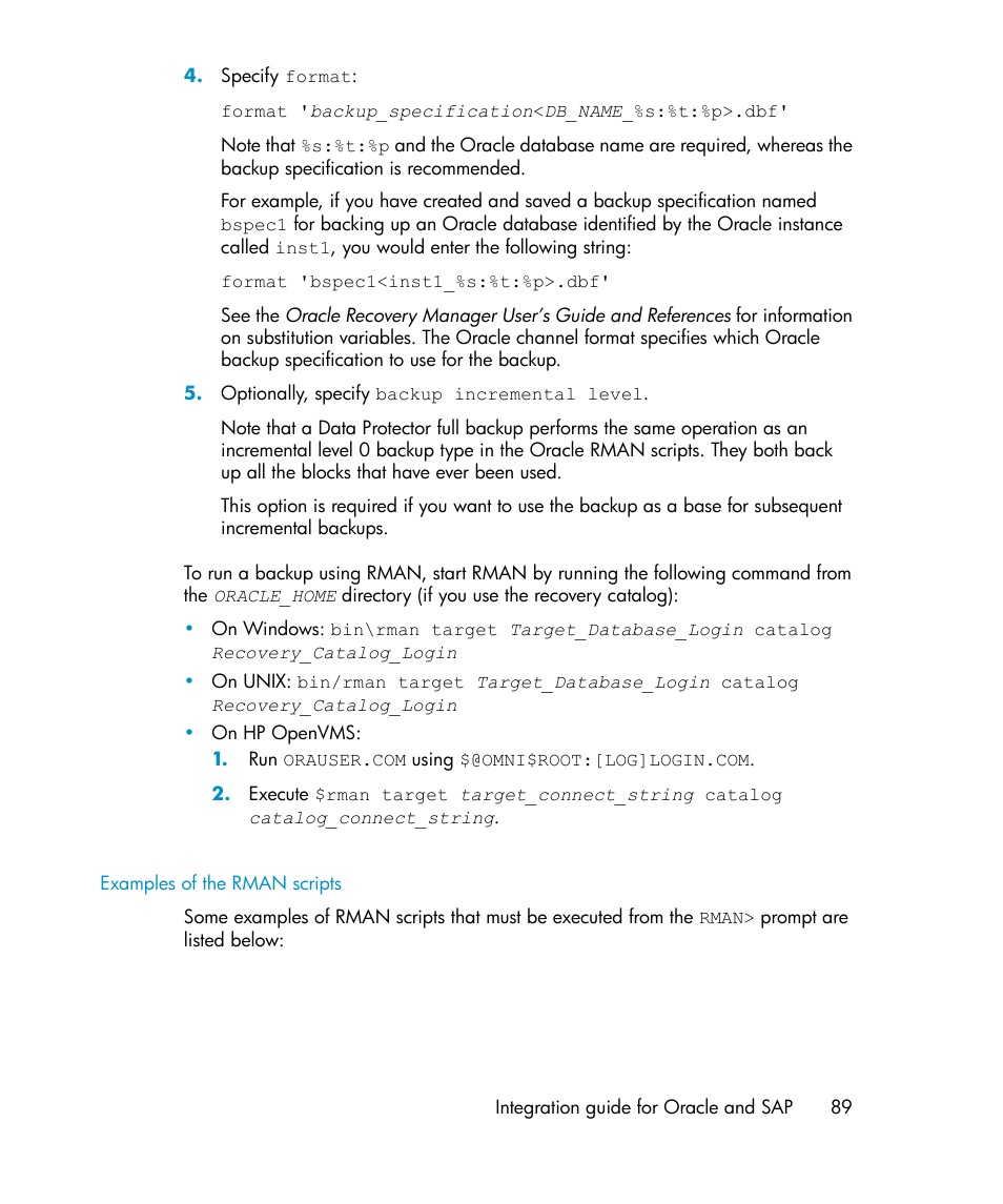 Examples of the rman scripts | HP A.06.11 User Manual | Page 89 / 344