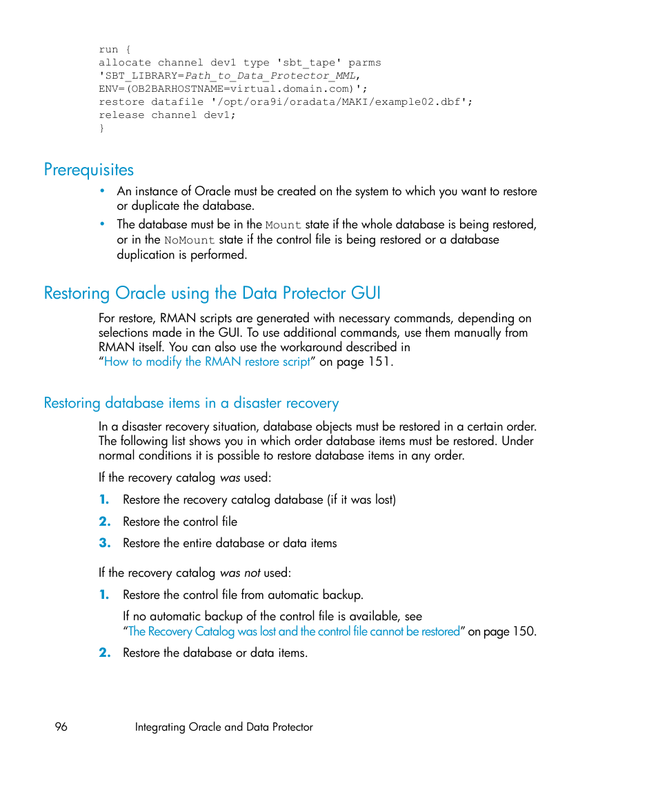 Prerequisites, Restoring oracle using the data protector gui, Restoring database items in a disaster recovery | 96 restoring oracle using the data protector gui, Restoring oracle using the data protector | HP A.06.11 User Manual | Page 96 / 344