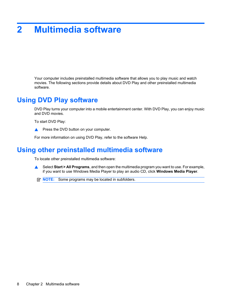 Multimedia software, Using dvd play software, Using other preinstalled multimedia software | 2 multimedia software, 2multimedia software | HP Multimedia Computer User Manual | Page 12 / 44