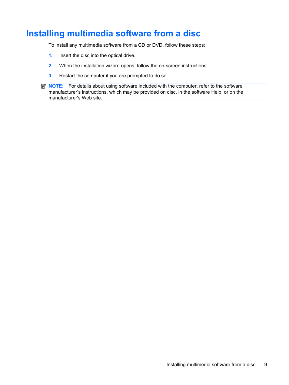 Installing multimedia software from a disc | HP Multimedia Computer User Manual | Page 13 / 44