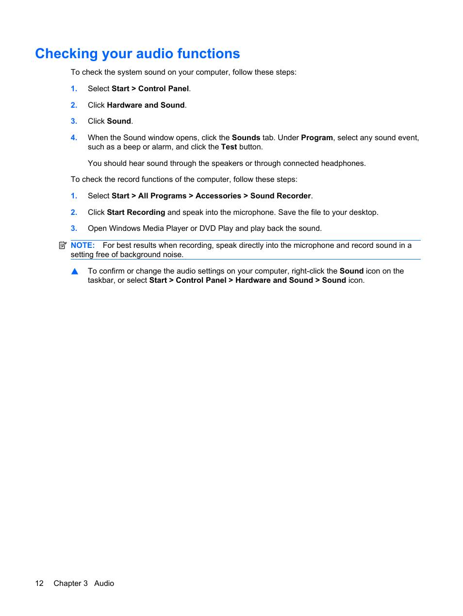 Checking your audio functions | HP Multimedia Computer User Manual | Page 16 / 44