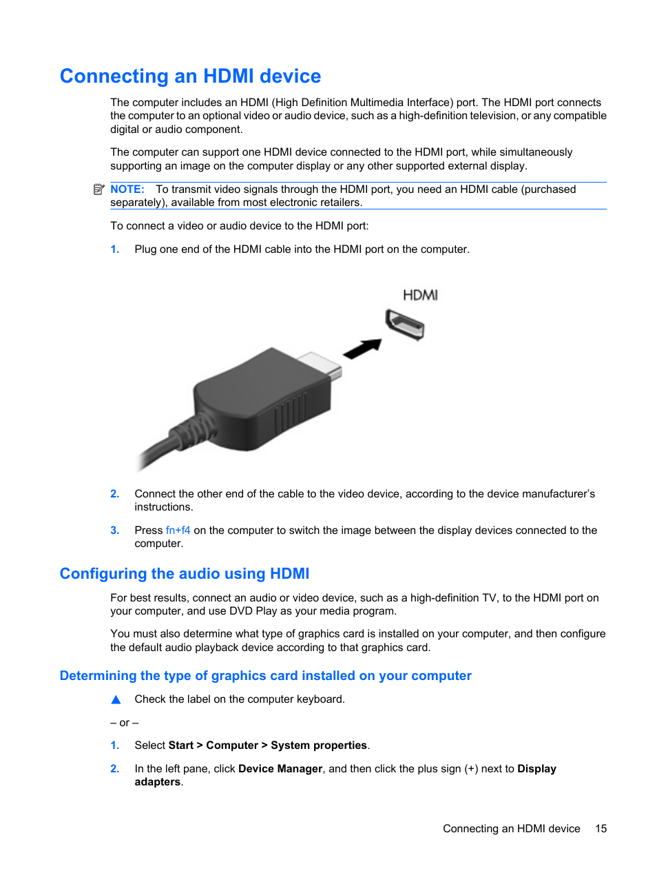 Connecting an hdmi device, Configuring the audio using hdmi | HP Multimedia Computer User Manual | Page 19 / 44
