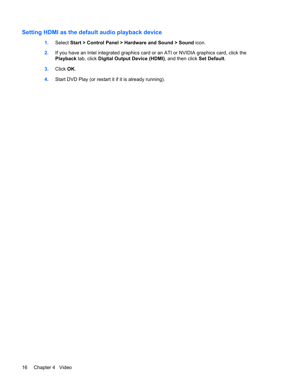 Setting hdmi as the default audio playback device | HP Multimedia Computer User Manual | Page 20 / 44