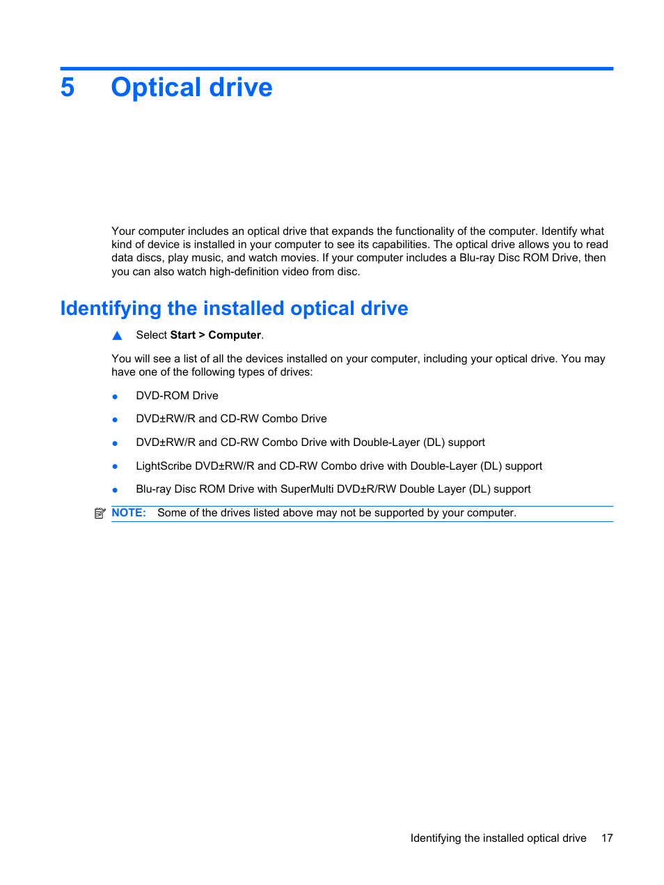 Optical drive, Identifying the installed optical drive, 5 optical drive | 5optical drive | HP Multimedia Computer User Manual | Page 21 / 44