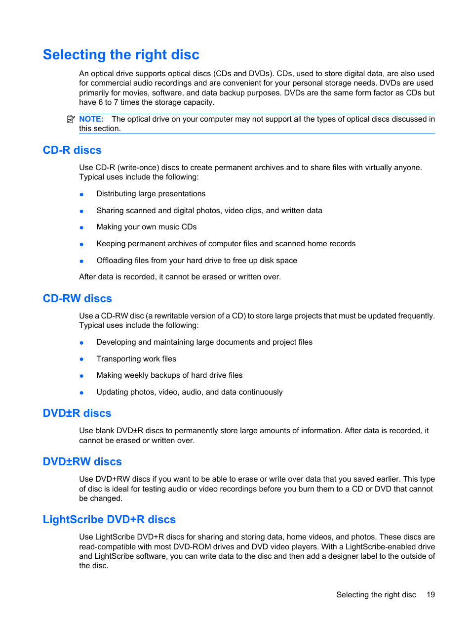 Selecting the right disc, Cd-r discs, Cd-rw discs | Dvd±r discs, Dvd±rw discs, Lightscribe dvd+r discs | HP Multimedia Computer User Manual | Page 23 / 44