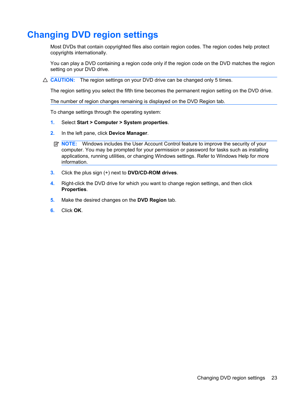 Changing dvd region settings | HP Multimedia Computer User Manual | Page 27 / 44