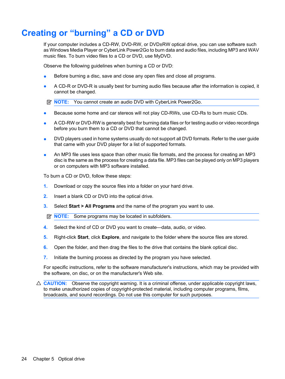 Creating or “burning” a cd or dvd | HP Multimedia Computer User Manual | Page 28 / 44