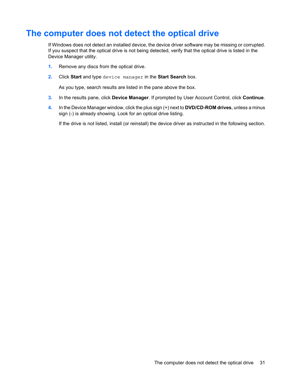 The computer does not detect the optical drive | HP Multimedia Computer User Manual | Page 35 / 44