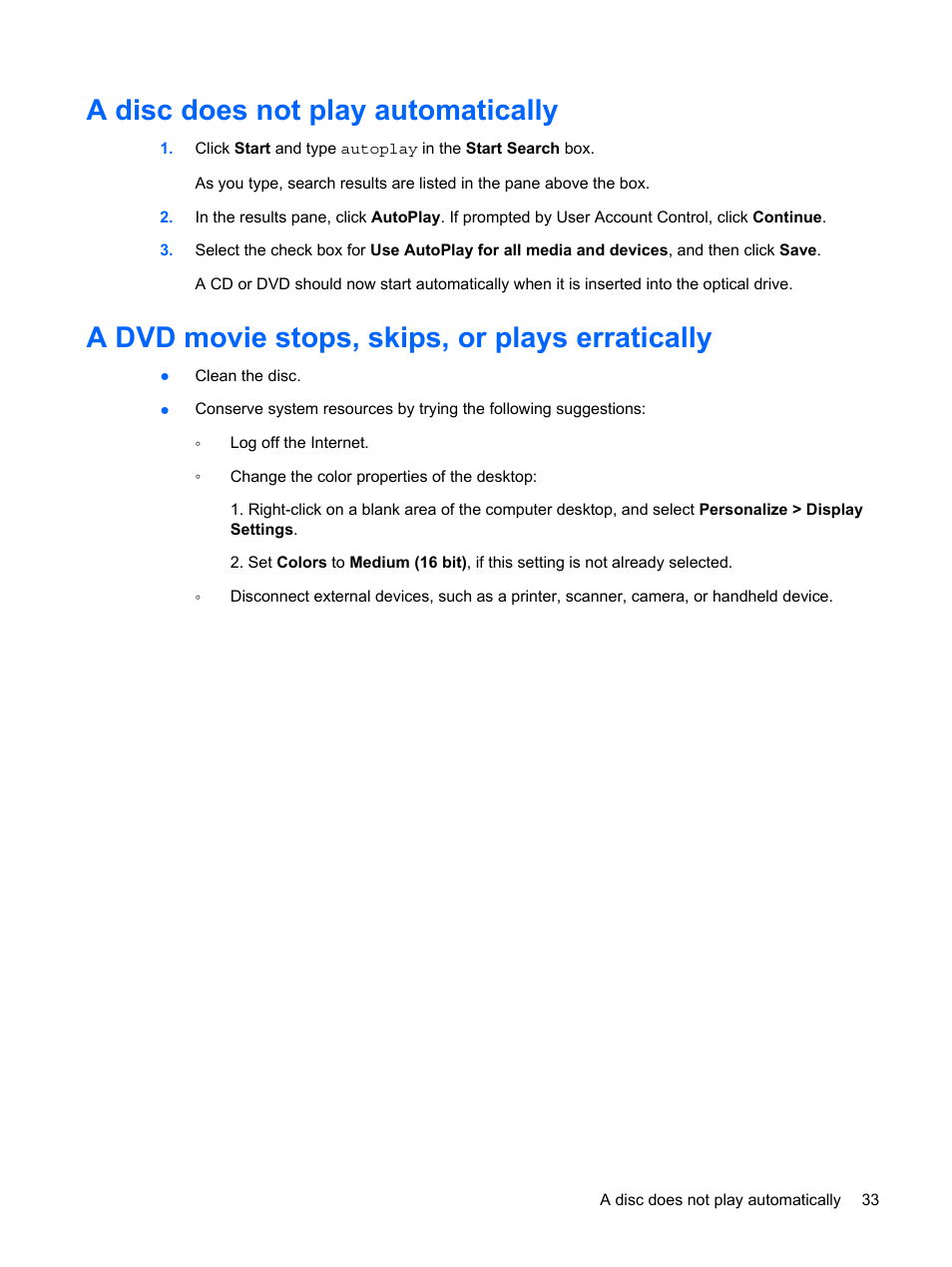 A disc does not play automatically, A dvd movie stops, skips, or plays erratically | HP Multimedia Computer User Manual | Page 37 / 44