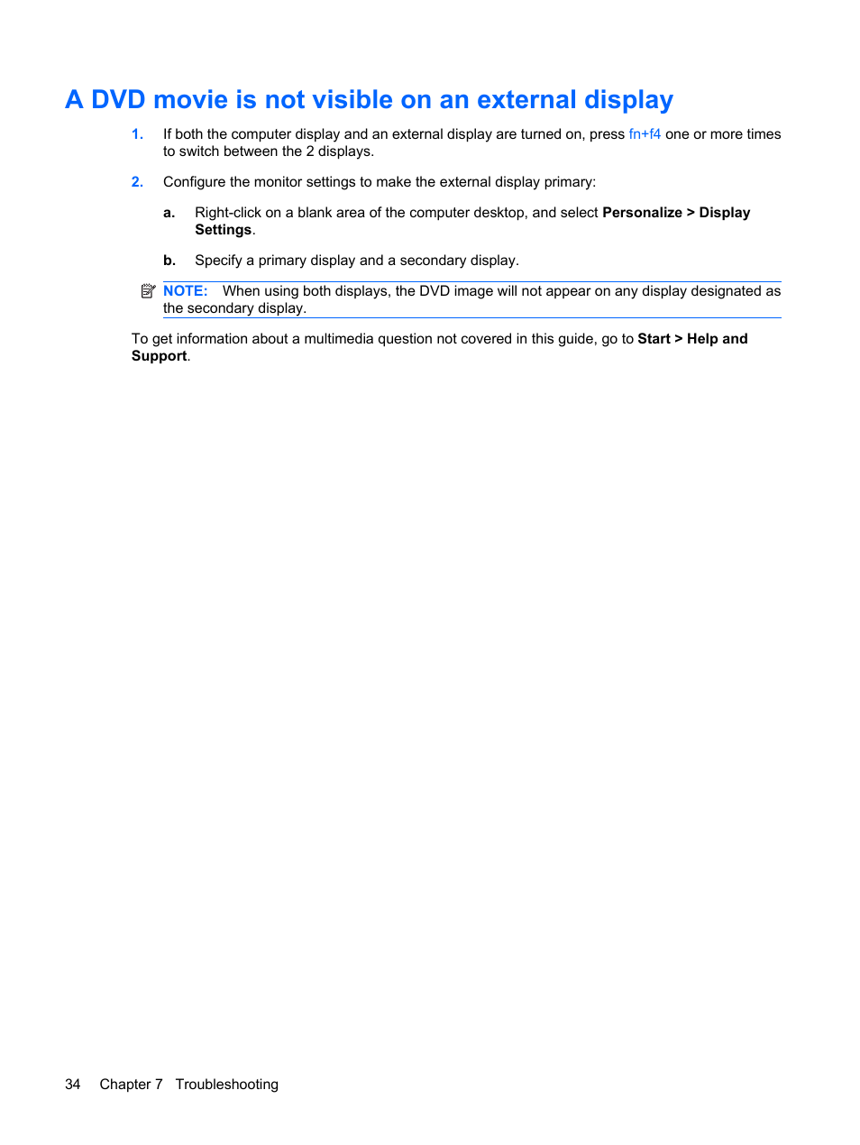 A dvd movie is not visible on an external display | HP Multimedia Computer User Manual | Page 38 / 44