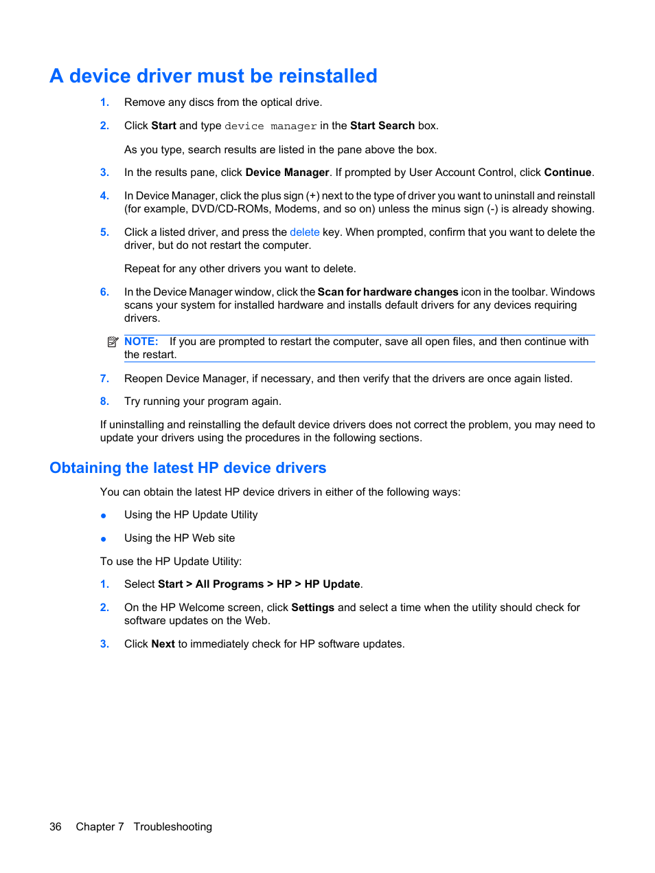 A device driver must be reinstalled, Obtaining the latest hp device drivers | HP Multimedia Computer User Manual | Page 40 / 44