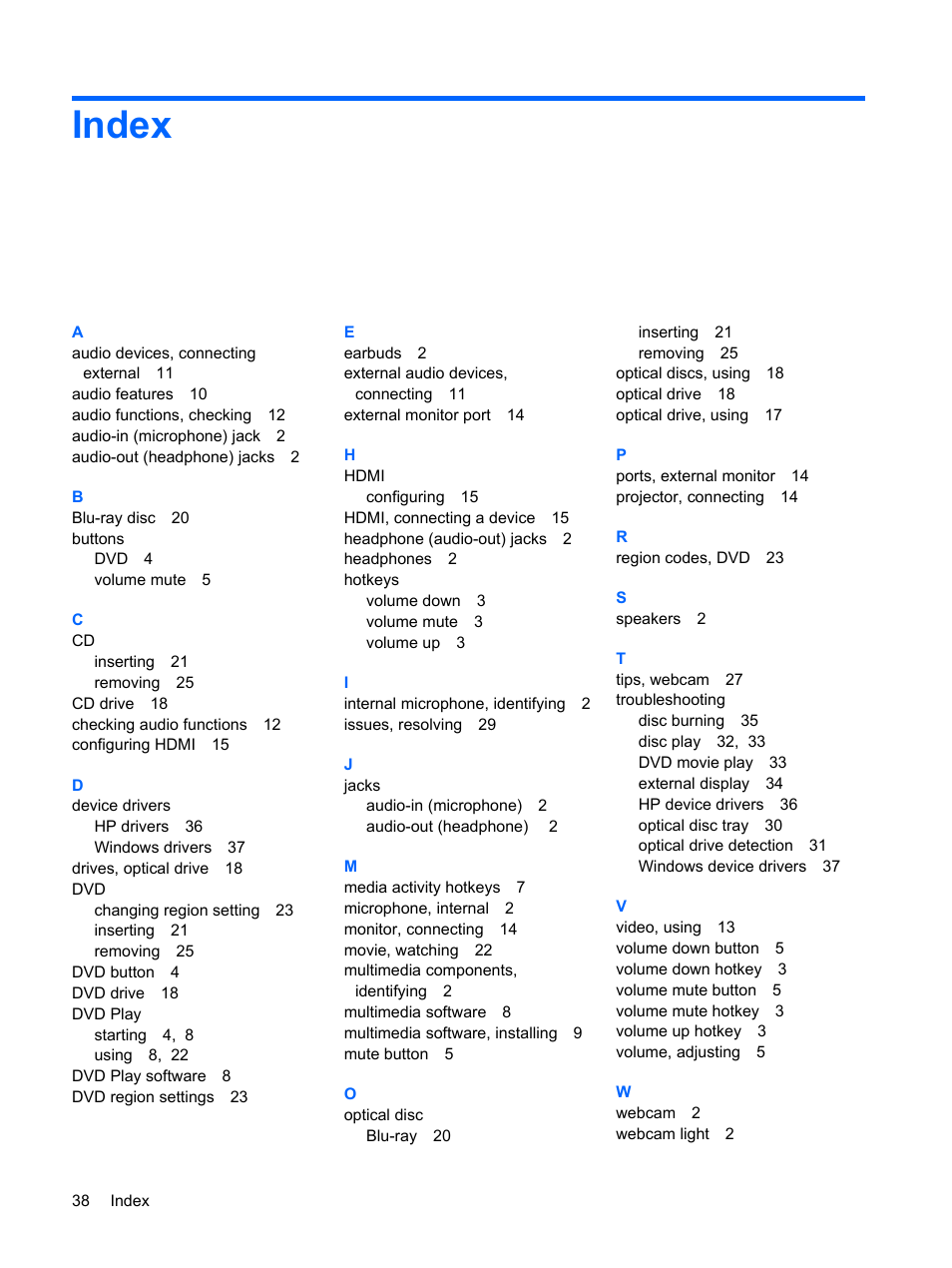 Index | HP Multimedia Computer User Manual | Page 42 / 44