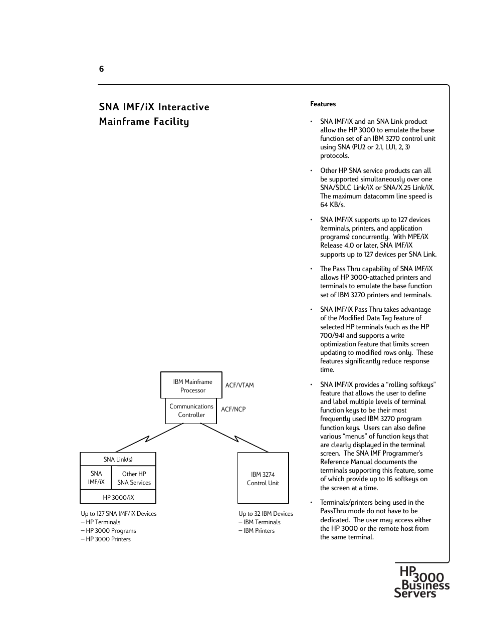Hp3000 bus ness servers, Sna imf/ix interactive mainframe facility | HP 30292B User Manual | Page 6 / 24
