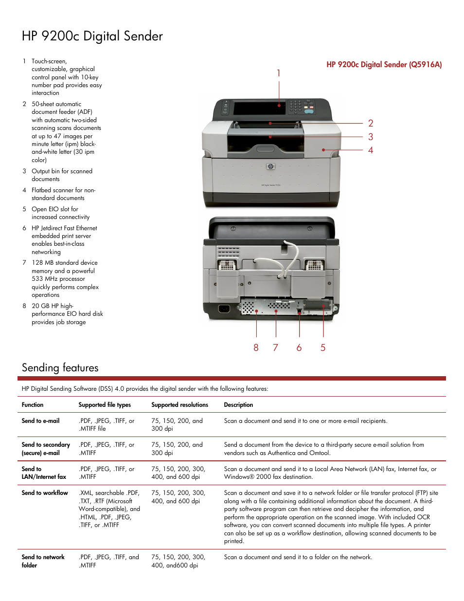 Hp 9200c digital sender, Sending features | HP 9200c User Manual | Page 2 / 4