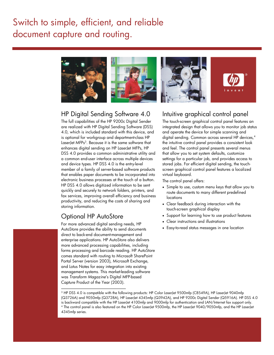 Hp digital sending software 4.0, Optional hp autostore, Intuitive graphical control panel | HP 9200c User Manual | Page 3 / 4
